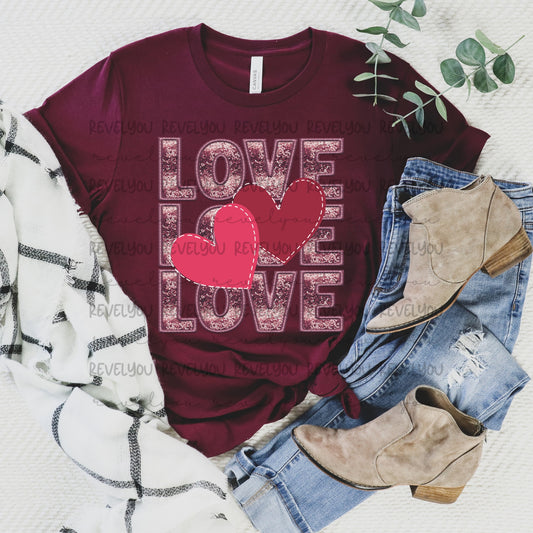 Love Double Hearts Faux Embroidery/Glitter